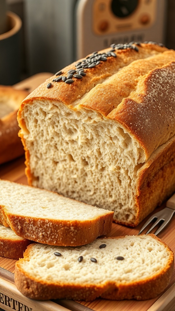 Bread Machine Jewish Rye Bread Recipe Sliced Jewish rye bread on a wooden cutting board, showcasing its dense texture and caraway seeds.